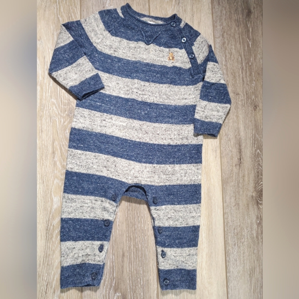 Baby GAP boys blue & gray heathered sweater one piece jumper coverall Sz 6-12M